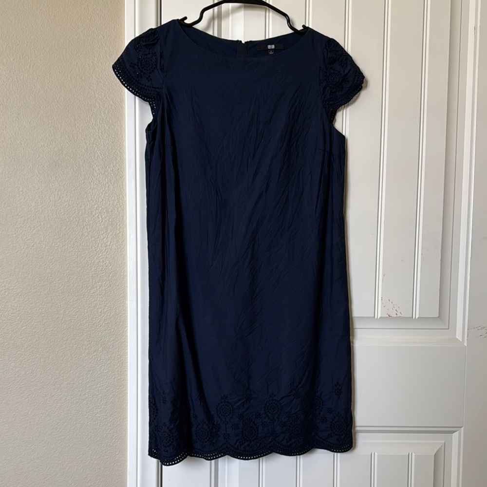 Uniqlo Navy Embroidered Cap Sleeve Dress (100% Cotton)